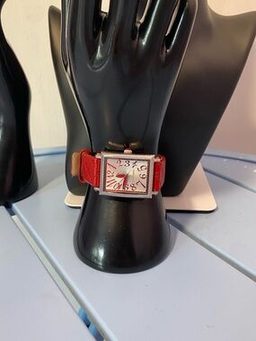 Judith Ripka Rectangular Watch Red Leather Strap Silver Tone Dial Quartz Women’s